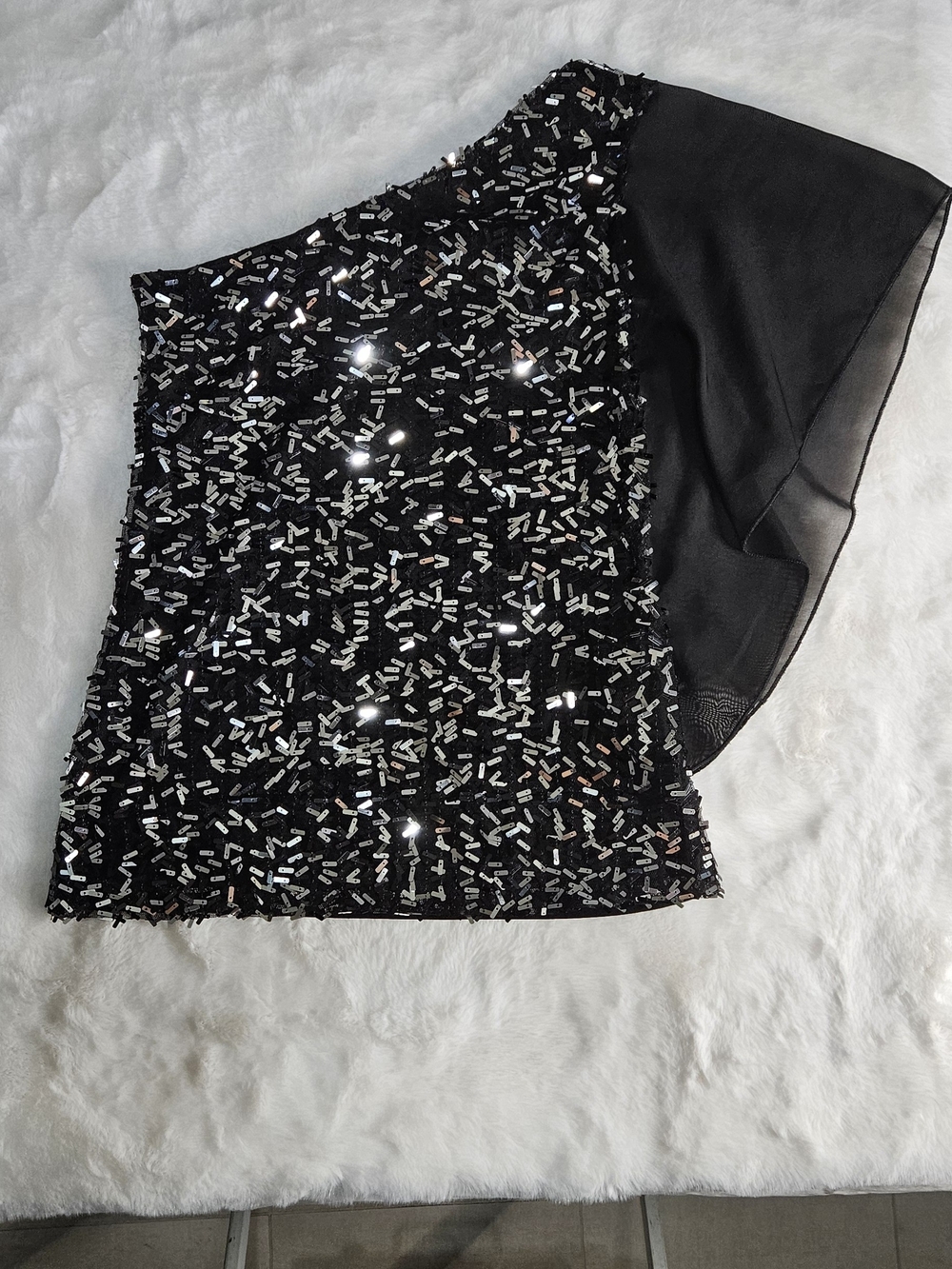 Dress Barn Black Sequin Mini Skirt with Chiffon Draped Accent